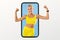 Glad millennial european slim lady in sportswear shows muscles, enjoy training on big smartphone screen