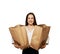 Glad woman holding paper bags over white