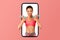 Glad young black woman in sportswear doing hands exercises with dumbbells on phone screen