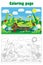 Glade with insect and flowers in cartoon style, summer coloring page, education paper game for the development of children, kids
