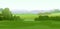 Glade in meadow. Morning Rural landscape. Horizontal village nature illustration. Cute country hills. Flat style. Vector