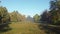 Glade surrounded by different old trees at autumn frosty morning