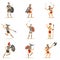 Gladiators Of Roman Empire Era In Historical Armor With Swords And Other Weapons Fighting On Arena Set Of Cartoon