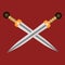 Gladius swords of gladiators on a red background