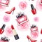 Glamor accessories. Fashion. Seamless watercolor pattern with women`s shoes, lipstick, perfume, flowers and nail polish. Isolated