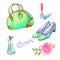 Glamor accessories set, green bowling type bag, lipstick, perfume, turquoise leather court shoes, pink rose