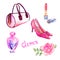 Glamor accessories set, pink barrel type bag, lipstick, perfume, leather kitten heel shoes, pink rose