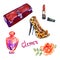 Glamor accessories set, red clutch bag, lipstick, perfume, cheetah spotted suede leather stilettos shoes