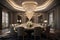 Glamorous dining room in a luxury residence, featuring a large dining table, exquisite lighting fixtures, and stylish decor.