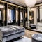 A glamorous dressing room with a vanity mirror, a plush velvet ottoman, and a walk-in closet filled with designer clothes2, Gene