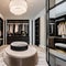 A glamorous dressing room with a vanity mirror, a plush velvet ottoman, and a walk-in closet filled with designer clothes5, Gene