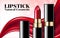 Glamorous Fashion lipstick ads elegant liquid flowing lipsticks makeup isolated scarlet pink background Cosmetics Package Product.