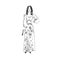 Glamorous fashion model in long skirt with flowers print and blouse standing, front view, hand drawn ink doodle, sketch, outline