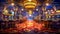 glamorous interior of a casino, with a row of vibrant slot machines lined up under ornate golden light fixtures