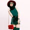 Glamorous lady in vintage trend accessories. Green and red combination in clothing