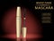 Glamorous mascara product, golden package design in 3d on the s