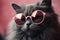 Glamorous Pink Cat with Heart-Shaped Sunglasses: Perfect for Valentine\\\'s Day Greetings.