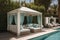 glamorous poolside cabana with chaise lounge and cocktail shaker