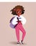 Glamorous teenage girl in hoodie with wavy hair and backpack. Young school girl character