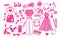 Glamorous trendy pink stickers set. Nostalgic barbiecore 2000s style collection. Can be used to design vibrant and eye