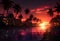 A Glamorous Tropical Sunset Beach, with palm trees and setting sun.