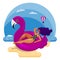 Glamorous young woman is resting and sunbathing in pink swimming circle in form of flamingo on sea beach