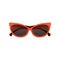 Glamour cat eye sunglasses with black tinted lenses and bright red plastic frame. Stylish protective eyewear for women