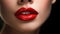 Glamour closeup lips of beautiful caucasian woman model. Perfect clean skin with colorful red lips and lipstick. Generative ai