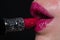 Glamour lipstick and sexy female lips of girl or woman. Wet lips and lipstick with water drops, passion, pink lips and