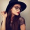 Glamour makeup woman profile in fashion glasses and dark bl