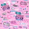 Glamour seamless pattern with heart, stickers, text, stars. Cool Little star. Girlish print for clothes, textiles, wrapping paper,