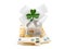 Glamourous home with glitter and white bow with green shamrock on stack of cash on white background. Buying high value house