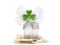 Glamourous home with glitter and white bow with green shamrock on stack of cash on white background. Buying high value house