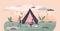 Glamping, camping and outdoor tent romantic activity tiny persons concept