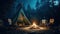 Glamping camping tent in the forest under night sky. Generative AI