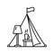 Glamping icon. Linear logo of camping with urban comfort. Black simple illustration of tent with lamp, table, mug. Contour