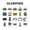 glamping tent nature luxury icons set vector