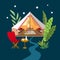 Glamping vector illustration. Beautiful picture with marquee and tropical flora.