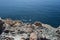 Glare on the water on a sunny summer day, seascape, rocks in the sea