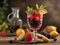 Glass of alcohol cold coctail decorated with ice, fruit and mint staying on wood table. Fresh juice on background with