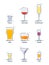 Glass alcohol. Drink object. Beverage icon set. Line design. Vodka, wine, champagne, whiskey, liquor, beer, tequila, rum, martini