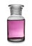 Glass apothecary bottle with purple liquid sample isolated. Laboratory analysis