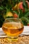 Glass of apple cider from Normandy, France and green apple tree with ripe red fruits on background