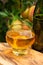 Glass of apple cider from Normandy, France and green apple tree with ripe red fruits on background