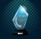 Glass award. Realistic transparent winner trophy. First place award, crystal prize and signed acrylic trophies