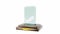 Glass award trophy or winner prize on wooden pedestal. Mockup empty crystal plate or clear rectangular acrylic frame