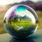 A glass ball with a beautiful spring landscape inside, which includes flowers, blooming trees, houses, grass, mountains and cludy