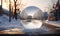 Glass ball with reflection of the city in the middle of the snow.