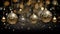 Glass balls filled with snow, suspended on golden ribbons, create a classic and elegant background.