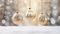 Glass balls filled with snow, suspended on golden ribbons, create a classic and elegant background.